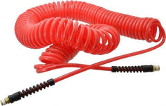PRO-SOURCE - 1/4" ID, 1/4 Thread, 50' Long, Red Polyurethane Coiled & Self Storing Hose - 147 Max psi, Male Swivel x Male Swivel - Industrial Tool & Supply