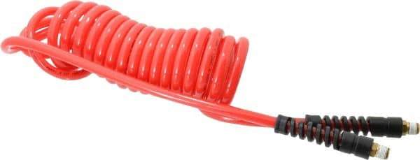 PRO-SOURCE - 5/16" ID, 1/4 Thread, 15' Long, Red Polyurethane Coiled & Self Storing Hose - 120 Max psi, Male Swivel x Male Swivel - Industrial Tool & Supply