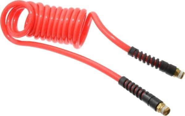 PRO-SOURCE - 3/8" ID, 3/8 Thread, 10' Long, Red Polyurethane Coiled & Self Storing Hose - 133 Max psi, Male Swivel x Male Swivel - Industrial Tool & Supply