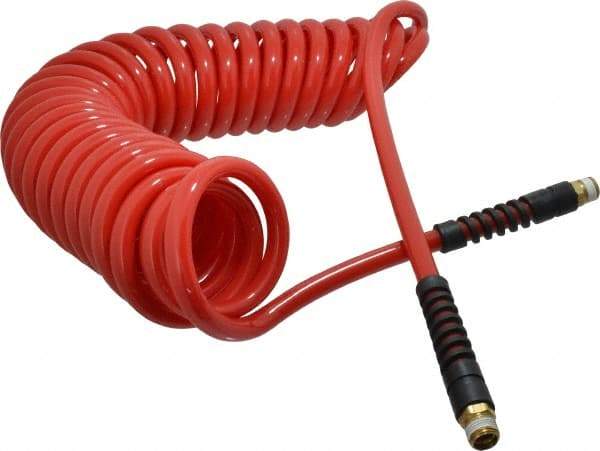 PRO-SOURCE - 3/8" ID, 3/8 Thread, 25' Long, Red Polyurethane Coiled & Self Storing Hose - 133 Max psi, Male Swivel x Male Swivel - Industrial Tool & Supply