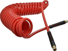 PRO-SOURCE - 3/8" ID, 3/8 Thread, 25' Long, Red Polyurethane Coiled & Self Storing Hose - 133 Max psi, Male Swivel x Male Swivel - Industrial Tool & Supply
