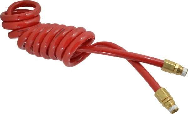 PRO-SOURCE - 1/2" ID, 1/2 Thread, 10' Long, Red Polyurethane Coiled & Self Storing Hose - 120 Max psi, Male Swivel x Male Swivel - Industrial Tool & Supply