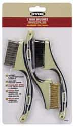 Hyde Tools - 3 Piece Brass, Nylon & Stainless Hand Brush Set - 6-1/2" Brush Length, 0.1mm Trim Length - Industrial Tool & Supply