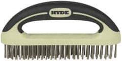 Hyde Tools - 1-1/8 Inch Trim Length Stainless Steel Scratch Brush - 8" Brush Length, 8" OAL, 1-1/8" Trim Length, Plastic with Rubber Overmold Ergonomic Handle - Industrial Tool & Supply