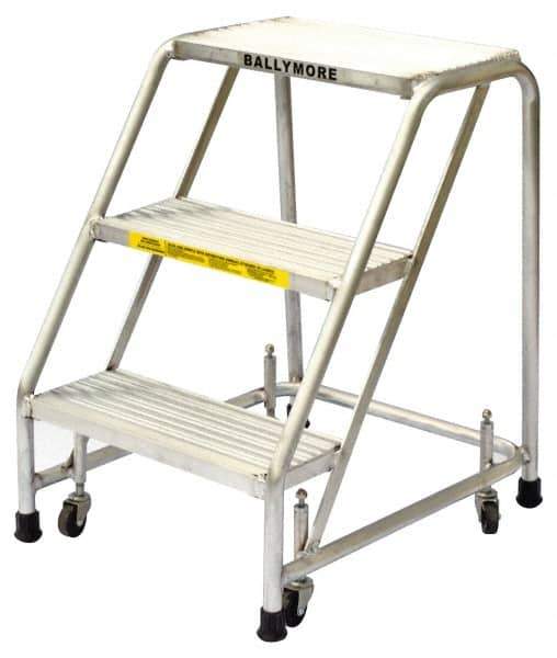 Ballymore - 28-1/2" 3 Step Ladder - Rolling Safety Ladder, 300 Lb Capacity, 28-1/2" Platform Height, 20" Base Width x 25" Base Depth, Heavy-Duty Serrated Grating - Industrial Tool & Supply