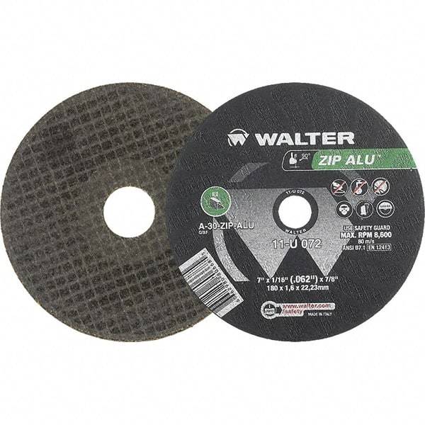 WALTER Surface Technologies - 7" 30 Grit Aluminum Oxide Cutoff Wheel - 1/16" Thick, 7/8" Arbor, 8,600 Max RPM, Use with Angle Grinders - Industrial Tool & Supply