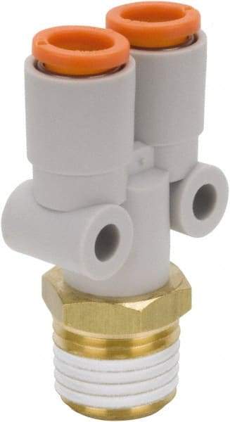 SMC PNEUMATICS - 1/8" Outside Diam, 1/4 NPT, Brass/Polybutylene Push-to-Connect Tube Male Y Connector - 145 Max psi - Industrial Tool & Supply