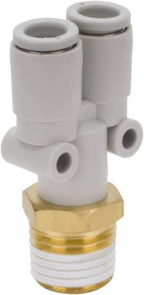 SMC PNEUMATICS - 10mm Outside Diam, 1/4 BSPT, Brass/Polybutylene Push-to-Connect Tube Male Y Connector - 145 Max psi - Industrial Tool & Supply