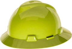MSA - ANSI Type I, Class E Rated, Ratchet Adjustment Hard Hat - One Size Fits Most, Hi-Viz Yellow, Full Brim - Industrial Tool & Supply