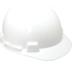MSA - ANSI Type I, Class E Rated, 4-Point, Ratchet Adjustment Hard Hat - Size 6-1/2 to 8, White, Standard Brim - Industrial Tool & Supply