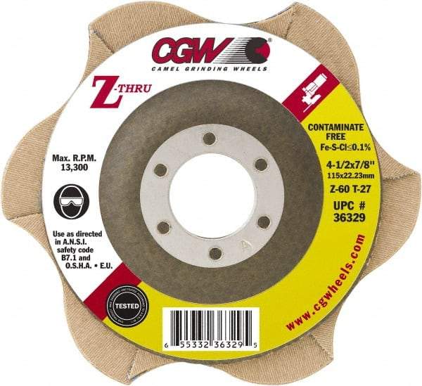 Camel Grinding Wheels - 60 Grit, 5" Disc Diam, 7/8" Center Hole, Type 27 Zirconia Alumina Flap Disc - 12,200 Max RPM, Poly Cotton Backing, Arbor Attaching System, Coated - Industrial Tool & Supply