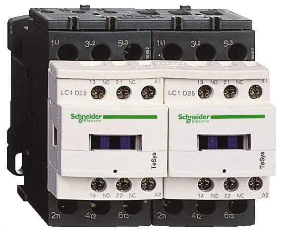 Schneider Electric - 3 Pole, 120 Coil VAC at 50/60 Hz, 12 Amp at 440 VAC, Reversible IEC Contactor - 1 Phase hp: 1 at 115 VAC, 2 at 230/240 VAC, 3 Phase hp: 10 at 575/600 VAC, 3 at 200/208 VAC, 3 at 230/240 VAC, 7.5 at 460/480 VAC - Industrial Tool & Supply