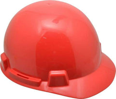 MSA - ANSI Type I, Class E Rated, 4-Point, Ratchet Adjustment Hard Hat - Red, Standard Brim - Industrial Tool & Supply