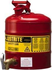 Justrite - 5 Gal Galvanized Steel Self-Closing, Self-Venting, Full-Length Flame Arrester with Bottom Faucet - 16-7/8" High x 11-3/4" Diam, Red with Yellow - Industrial Tool & Supply