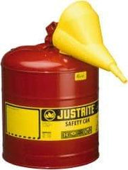 Justrite - 5 Gal 24-Gauge Coated Steel Body Self-Closing, Self-Venting, Full-Length Flame Arrester - 16-7/8" High x 11-3/4" Diam, Red with Yellow - Industrial Tool & Supply