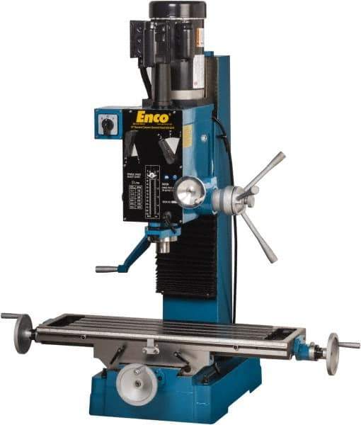 Enco - 1 Phase, Mill Drill Combination - 37-1/2" Table Length x 28" Table Width, 22" Longitudinal Travel, 8" Cross Travel, 6 Spindle Speeds, 2 hp, 220 Volts - Industrial Tool & Supply