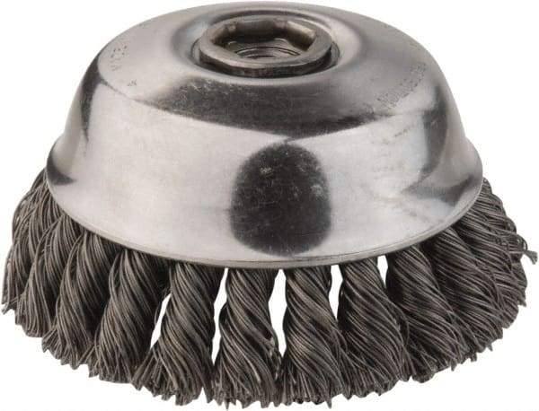 DeWALT - 4" Diam, 5/8-11 Threaded Arbor, Steel Fill Cup Brush - 0.02 Wire Diam, 1-1/8" Trim Length, 9,000 Max RPM - Industrial Tool & Supply