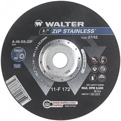 WALTER Surface Technologies - 46 Grit, 7" Wheel Diam, 1/16" Wheel Thickness, 7/8" Arbor Hole, Type 27 Depressed Center Wheel - Aluminum Oxide/Silicon Carbide Blend, Resinoid Bond, 8,600 Max RPM - Industrial Tool & Supply