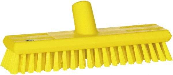 Vikan - 1.3" Bristle Length, Polyester Scrub Brush - 10-3/4" Long x 2-1/2" Wide Head, 11" OAL, European Threaded Handle, Yellow, Polypropylene Block - Industrial Tool & Supply