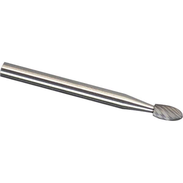 Made in USA - 1/4" Cut Diam, 1/4" Shank Diam, Oval Head Single Cut Burr - Carbide, 3/8" LOC, 2" OAL - Industrial Tool & Supply