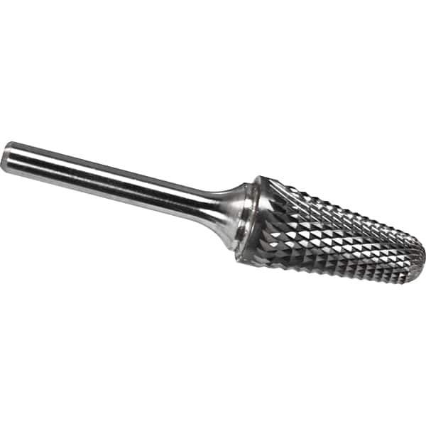 Made in USA - 5/16" Cut Diam, 1/4" Shank Diam, Cone Head Diamond Cut Burr - Carbide, 7/8" LOC, 2-5/8" OAL - Industrial Tool & Supply