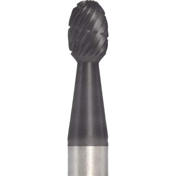 Made in USA - 1/4" Cut Diam, 1/4" Shank Diam, Oval Head Double Cut Burr - Carbide, 3/8" LOC, 2" OAL - Industrial Tool & Supply