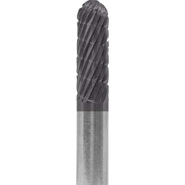 Made in USA - 6mm Cut Diam, 0.2362" Shank Diam, Cylinder with Radius Head Double Cut Burr - Carbide, 16mm LOC, 50mm OAL - Industrial Tool & Supply