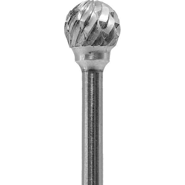 Made in USA - 1/4" Cut Diam, 0.0925" Shank Diam, Ball Head Double Cut Burr - Carbide, 1/4" LOC, 1-3/4" OAL - Industrial Tool & Supply