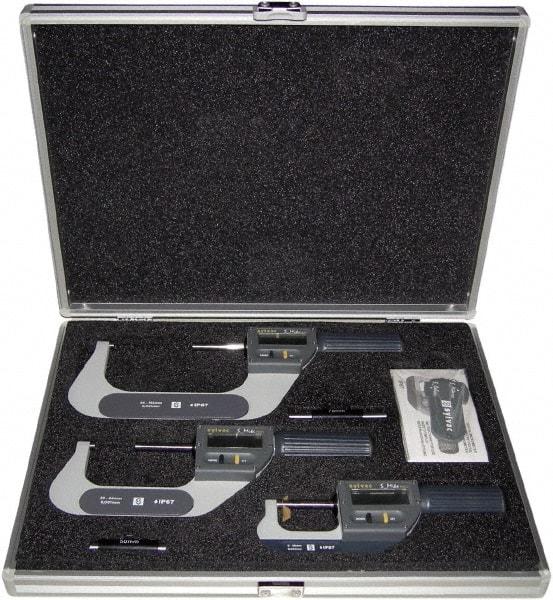Fowler - 0 to 4" Range, 0.001mm Resolution, IP67, 3 Piece Electronic Outside Micrometer Sets - 0.005mm Accuracy, Ratchet Thimble, Carbide Measuring Face - Industrial Tool & Supply
