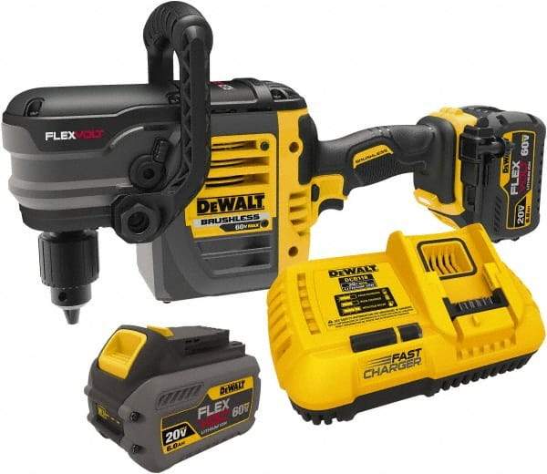 DeWALT - 60 Volt 1/2" Chuck Right Angle Handle Cordless Drill - 0-300 & 0-1200 RPM, Keyed Chuck, 2 Lithium-Ion Batteries Included - Industrial Tool & Supply
