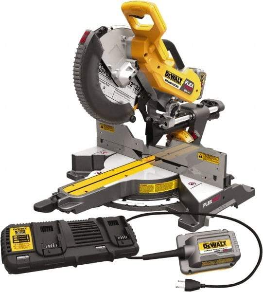 DeWALT - 15 Amp, 120 Volt, 3,800 RPM, 60° Right & 50° Left Double Bevel Sliding Miter Saw - 5/8 or 1" Arbor, 12" Blade Diam, Includes DHS790 Sliding Miter Saw, (2) DCB606 FLEXVOLT Batteries, DCA120 120V Adaptor & DCA132 Charger - Industrial Tool & Supply