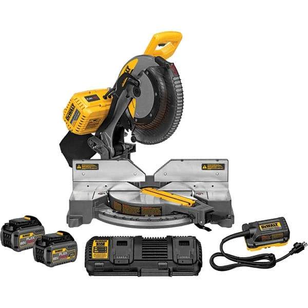 DeWALT - 15 Amp, 120 Volt, 3,800 RPM, 50° Double Bevel Miter Saw - 5/8 or 1" Arbor, 12" Blade Diam, Includes DHS716 Miter Saw, DCA120 120V Adaptor & DCA132 Charger - Industrial Tool & Supply
