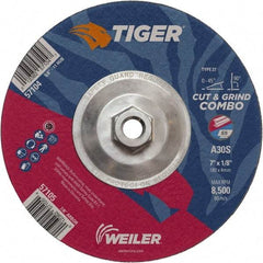 Weiler - 30 Grit, 7" Wheel Diam, 1/8" Wheel Thickness, Type 27 Depressed Center Wheel - Medium Grade, Aluminum Oxide, Resinoid Bond, S Hardness, 8,500 Max RPM - Industrial Tool & Supply