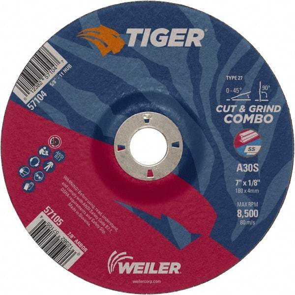 Weiler - 30 Grit, 7" Wheel Diam, 1/8" Wheel Thickness, 7/8" Arbor Hole, Type 27 Depressed Center Wheel - Medium Grade, Aluminum Oxide, Resinoid Bond, S Hardness, 8,500 Max RPM - Industrial Tool & Supply