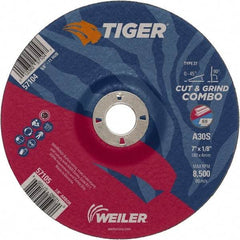 Weiler - 30 Grit, 7" Wheel Diam, 1/8" Wheel Thickness, 7/8" Arbor Hole, Type 27 Depressed Center Wheel - Medium Grade, Aluminum Oxide, Resinoid Bond, S Hardness, 8,500 Max RPM - Industrial Tool & Supply