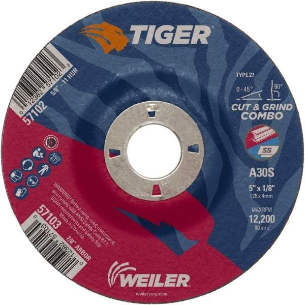 Weiler - 30 Grit, 5" Wheel Diam, 1/8" Wheel Thickness, 7/8" Arbor Hole, Type 27 Depressed Center Wheel - Medium Grade, Aluminum Oxide, Resinoid Bond, S Hardness, 12,200 Max RPM - Industrial Tool & Supply