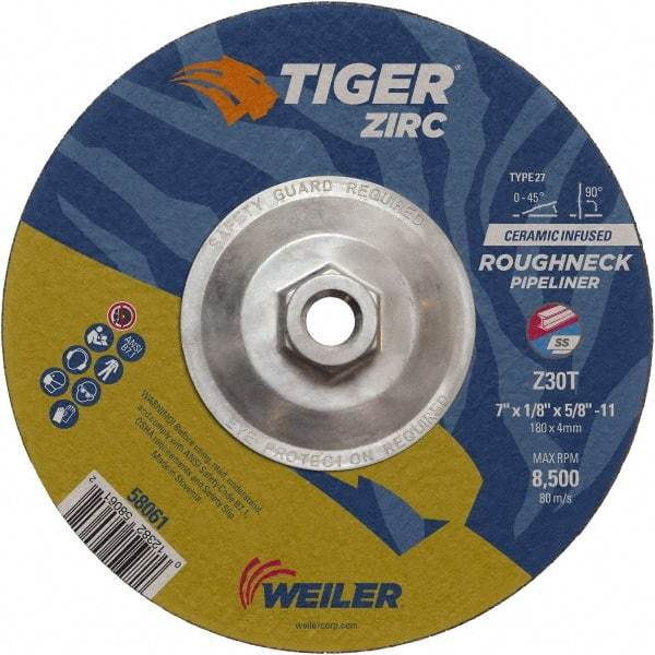 Weiler - 30 Grit, 7" Wheel Diam, 1/8" Wheel Thickness, Type 27 Depressed Center Wheel - Medium Grade, Zirconia Alumina, Resinoid Bond, T Hardness, 8,500 Max RPM - Industrial Tool & Supply