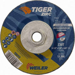 Weiler - 30 Grit, 4-1/2" Wheel Diam, 1/8" Wheel Thickness, Type 27 Depressed Center Wheel - Medium Grade, Zirconia Alumina, Resinoid Bond, T Hardness, 13,300 Max RPM - Industrial Tool & Supply