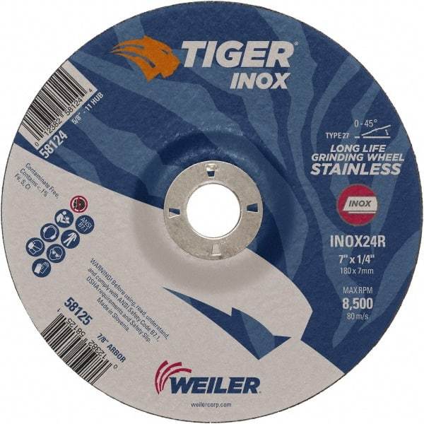 Weiler - 24 Grit, 7" Wheel Diam, 1/4" Wheel Thickness, 7/8" Arbor Hole, Type 27 Depressed Center Wheel - Coarse Grade, Aluminum Oxide, Resinoid Bond, R Hardness, 8,500 Max RPM - Industrial Tool & Supply