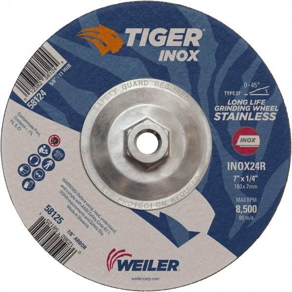 Weiler - 24 Grit, 7" Wheel Diam, 1/4" Wheel Thickness, Type 27 Depressed Center Wheel - Coarse Grade, Aluminum Oxide, Resinoid Bond, R Hardness, 8,500 Max RPM - Industrial Tool & Supply