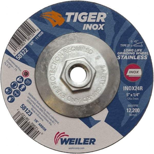 Weiler - 24 Grit, 5" Wheel Diam, 1/4" Wheel Thickness, Type 27 Depressed Center Wheel - Coarse Grade, Aluminum Oxide, Resinoid Bond, R Hardness, 12,200 Max RPM - Industrial Tool & Supply