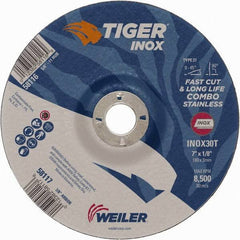 Weiler - 30 Grit, 7" Wheel Diam, 1/8" Wheel Thickness, 7/8" Arbor Hole, Type 27 Depressed Center Wheel - Medium Grade, Aluminum Oxide, Resinoid Bond, T Hardness, 8,500 Max RPM - Industrial Tool & Supply