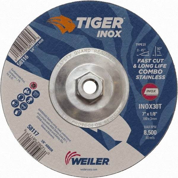 Weiler - 30 Grit, 7" Wheel Diam, 1/8" Wheel Thickness, Type 27 Depressed Center Wheel - Medium Grade, Aluminum Oxide, Resinoid Bond, T Hardness, 8,500 Max RPM - Industrial Tool & Supply