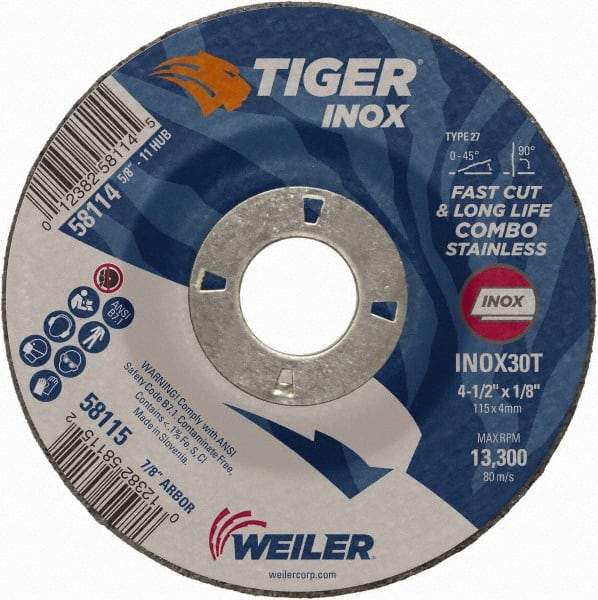 Weiler - 30 Grit, 4-1/2" Wheel Diam, 1/8" Wheel Thickness, 7/8" Arbor Hole, Type 27 Depressed Center Wheel - Medium Grade, Aluminum Oxide, Resinoid Bond, T Hardness, 13,300 Max RPM - Industrial Tool & Supply