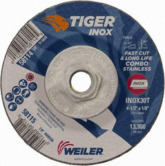 Weiler - 30 Grit, 4-1/2" Wheel Diam, 1/8" Wheel Thickness, Type 27 Depressed Center Wheel - Medium Grade, Aluminum Oxide, Resinoid Bond, T Hardness, 13,300 Max RPM - Industrial Tool & Supply