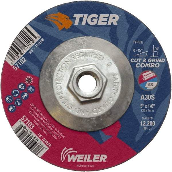 Weiler - 30 Grit, 5" Wheel Diam, 1/8" Wheel Thickness, Type 27 Depressed Center Wheel - Medium Grade, Aluminum Oxide, Resinoid Bond, S Hardness, 12,200 Max RPM - Industrial Tool & Supply