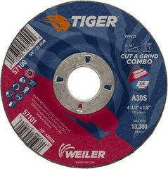 Weiler - 30 Grit, 4-1/2" Wheel Diam, 1/8" Wheel Thickness, 7/8" Arbor Hole, Type 27 Depressed Center Wheel - Medium Grade, Aluminum Oxide, Resinoid Bond, S Hardness, 13,300 Max RPM - Industrial Tool & Supply