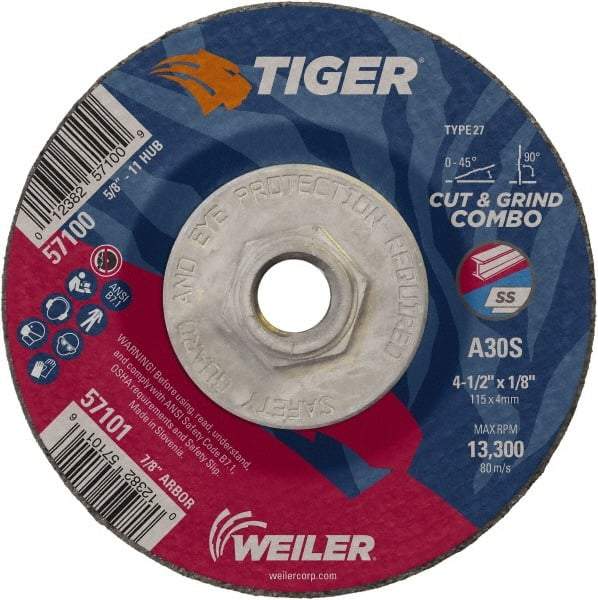 Weiler - 30 Grit, 4-1/2" Wheel Diam, 1/8" Wheel Thickness, Type 27 Depressed Center Wheel - Medium Grade, Aluminum Oxide, Resinoid Bond, S Hardness, 13,300 Max RPM - Industrial Tool & Supply