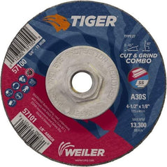 Weiler - 30 Grit, 4-1/2" Wheel Diam, 1/8" Wheel Thickness, Type 27 Depressed Center Wheel - Medium Grade, Aluminum Oxide, Resinoid Bond, S Hardness, 13,300 Max RPM - Industrial Tool & Supply