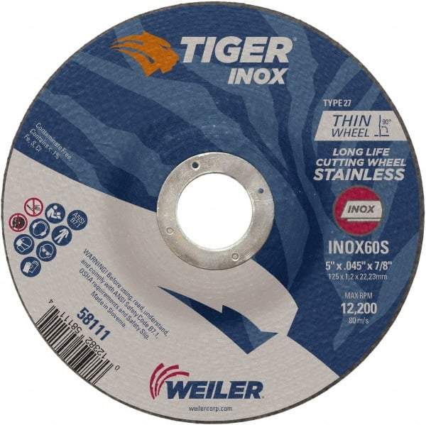 Weiler - 60 Grit, 5" Wheel Diam, 7/8" Arbor Hole, Type 27 Depressed Center Wheel - Medium Grade, Aluminum Oxide, Resinoid Bond, S Hardness, 12,200 Max RPM - Industrial Tool & Supply